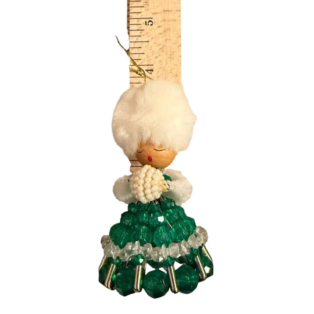 Vtg Bead And Safety Pin Doll‎ Kitschy Green Dress & Muff Handmade Ornament